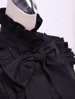 Black Cotton Lolita Blouse Long Sleeves Stand Collar Ruffles Bow