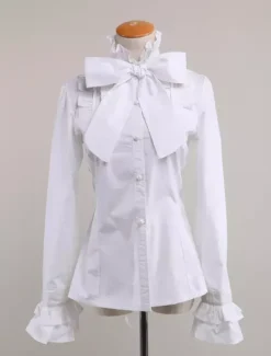 Black Cotton Lolita Blouse Long Sleeves Stand Collar Ruffles Bow
