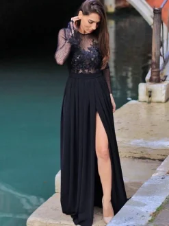Black Evening Dress 2026 A-Line Jewel Neck Long Sleeve Lace Floor-Length Applique Formal Dresses Pageant Dress