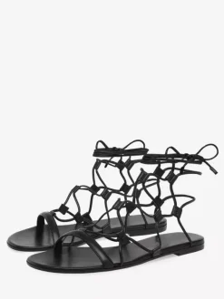 Black Flat Sandals Open Toe Lace Up Sandal Flats For Women