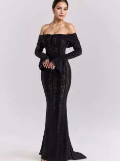 Black Floral Lace Maxi Dress Off Shoulder Bell Long Sleeve Mermaid Bodycon Dress For Women 2026