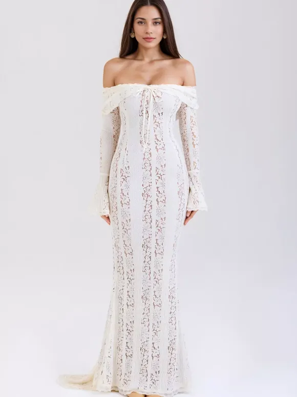 Black Floral Lace Maxi Dress Off Shoulder Bell Long Sleeve Mermaid Bodycon Dress For Women 2026