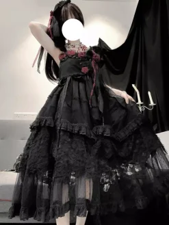Black Gothic Lolita JSK Dresses Flowers Lace Ruffled Lolita Long Dress