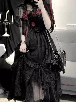 Black Gothic Lolita JSK Dresses Flowers Lace Ruffled Lolita Long Dress