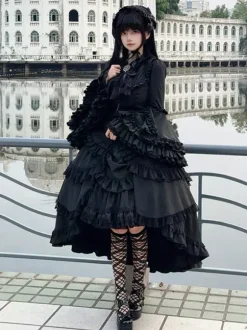 Black Gothic Lolita Set Dresses Ruffles Long Sleeves Cravat Top And Skirt Lolita Dress