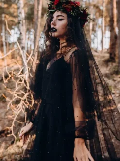 Black Gothic Wedding Dresses 2026 Lace A-Line Long Sleeves With Train Bridal Gown Free Customization