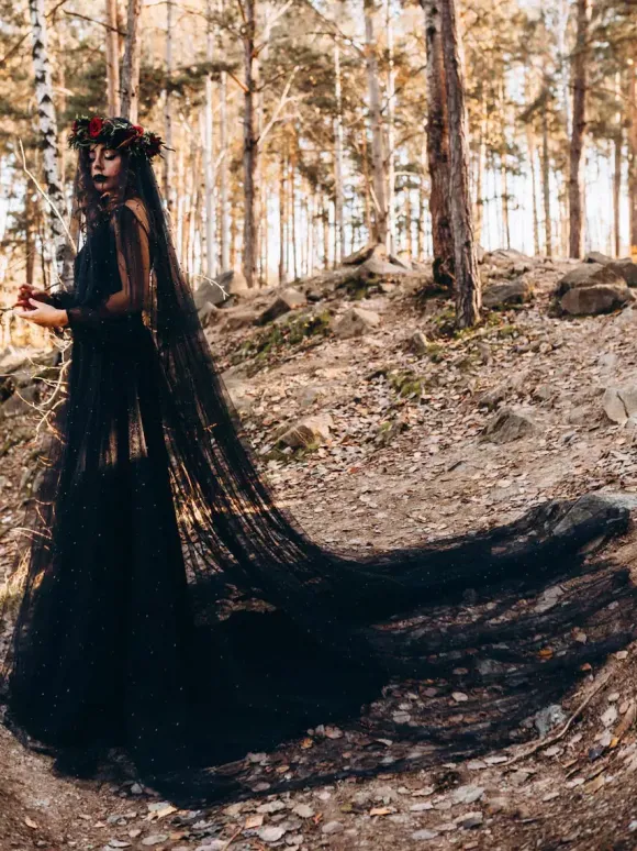 Black Gothic Wedding Dresses 2026 Lace A-Line Long Sleeves With Train Bridal Gown Free Customization