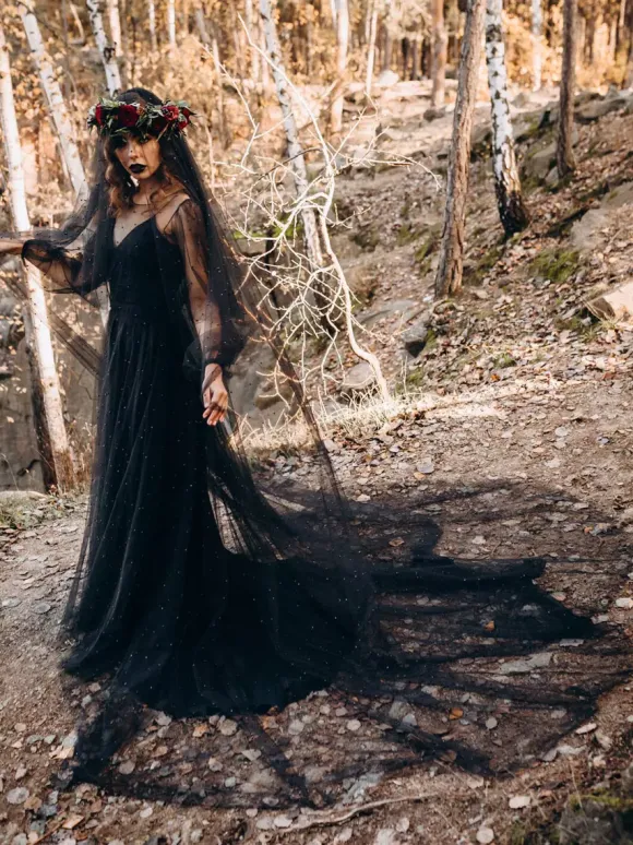 Black Gothic Wedding Dresses 2026 Lace A-Line Long Sleeves With Train Bridal Gown Free Customization