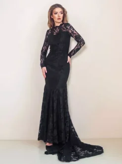 Black Gothic Wedding Dresses 2026 Mermaid Long Sleeves Lace With Train Bridal Dress Free Customization