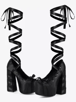 Black High Heel Pumps Satin Round Toe Chunky Heel Lace Up Lolita Shoes