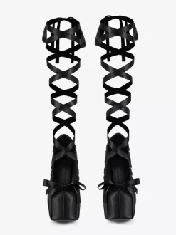 Black High Heel Pumps Satin Round Toe Chunky Heel Lace Up Lolita Shoes