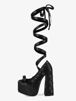 Black High Heel Pumps Satin Round Toe Chunky Heel Lace Up Lolita Shoes