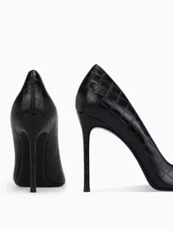 Black High Heel Pumps Women Pointed Toe Stone Pattern Slip On Dress Shoes