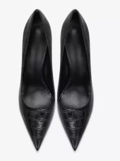 Black High Heel Pumps Women Pointed Toe Stone Pattern Slip On Dress Shoes
