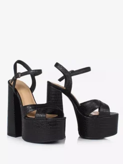 Black High Heel Sandals Genuine Leather Platform Open Toe Chunky Heel Sandal Shoes