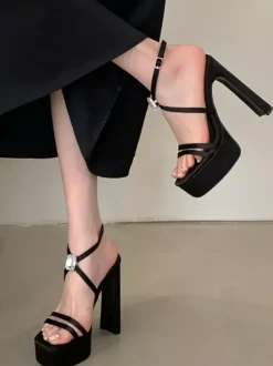Black High Heel Sandals Platform Open Toe Cirss Corss Chunky Heel Sandal Shoes