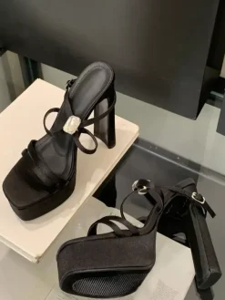 Black High Heel Sandals Platform Open Toe Cirss Corss Chunky Heel Sandal Shoes