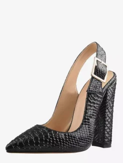 Black High Heels Chunky Heel Snake Pattern Pointed Toe Slingback Pumps