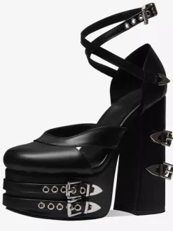 Black High Heels Platform Round Toe Metal Detail Criss Cross Gothic Shoes