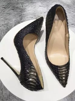 Black High Heels Plus Siez Pointed Toe Snake Pattern Slip On Dress Shoes