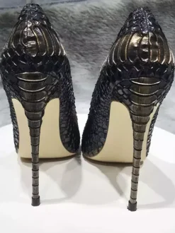 Black High Heels Plus Siez Pointed Toe Snake Pattern Slip On Dress Shoes
