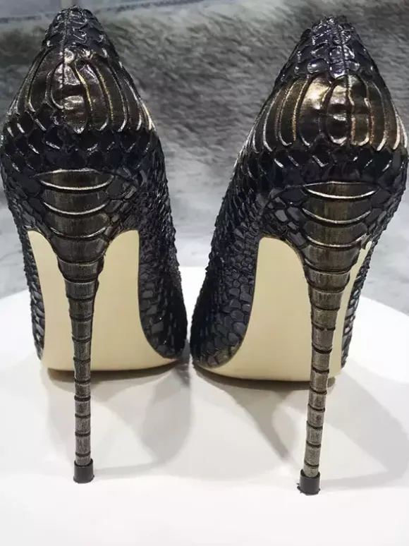 Black High Heels Plus Siez Pointed Toe Snake Pattern Slip On Dress Shoes