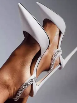 Black High Heels Pointed Toe Rhinestones Slingback Party Pumps