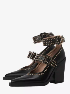 Black High Heels Pointed Toe Studed Buckle Detail Chunky Heel Pumps