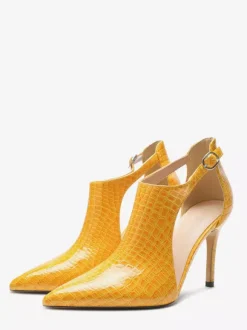 Black High Heels Snake Pattern Pointed Toe Cut Out Ankle Strap Dress Shoes