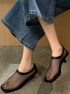 Black Kitten Heel Pumps Mesh Square Toe Pumps