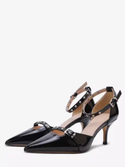 Black Kitten Heel Pumps Pointed Toe Beaded Buckle Detail Pumps