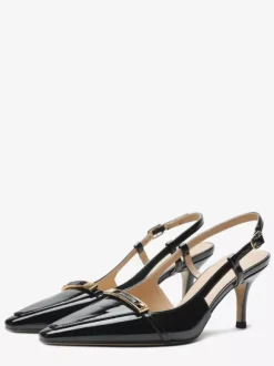 Black Kitten Heel Pumps Pointed Toe Buckle Detail Slingback Shoes