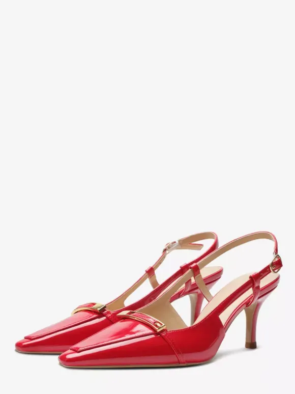Black Kitten Heel Pumps Pointed Toe Buckle Detail Slingback Shoes