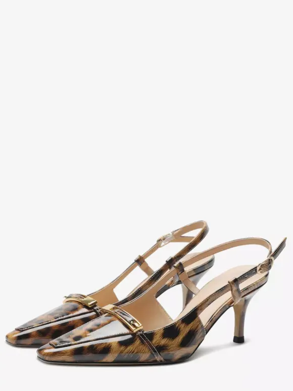 Black Kitten Heel Pumps Pointed Toe Buckle Detail Slingback Shoes