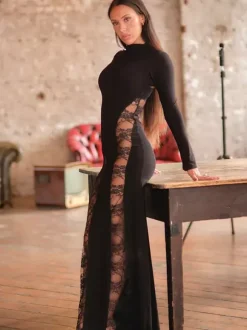 Black Lace Panel Bodycon Maxi Dress With Mock Neck For Women 2026