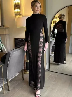 Black Lace Panel Bodycon Maxi Dress With Mock Neck For Women 2026