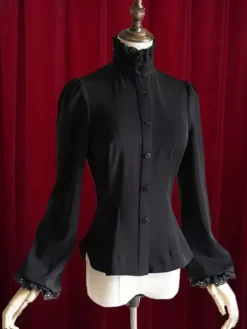 Black Lolita Blouse Bow Slim Fit Cotton Blouse for Women