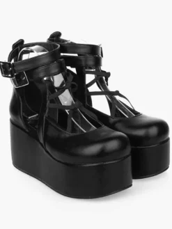 Black Lolita High Platform Shoes Ankle Straps Leather