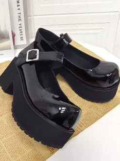 Black Lolita Pumps Chunky Harajuku Fashion Round Toe PU Leather Platform Lolita Shoes