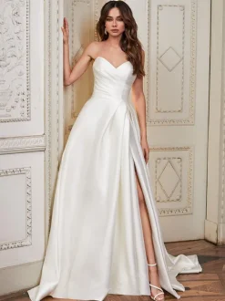Black Loyal Wedding Dresses A-Line Sleeveless Satin Fabric Sweep Bridal Gown