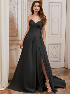 Black Loyal Wedding Dresses A-Line Sleeveless Satin Fabric Sweep Bridal Gown