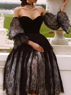 Black Loyal Wedding Dresses A-Line Long Sleeves Lace Lace Tea-Length Bridal Dress