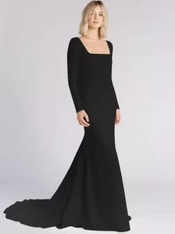 Black Loyal Wedding Dresses Satin Fabric Mermaid Long Sleeves Natural Waist With Train Bridal Dress