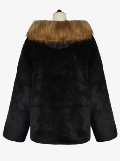 Black Men's Faux Fur Coat Winter Warm Long-Sleeved Jacket with Turn-Down Collar and Hood