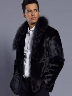 Black Men's Faux Fur Coat Winter Warm Long-Sleeved Jacket with Turn-Down Collar