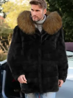 Black Men's Faux Fur Coat Winter Warm Long-Sleeved Jacket with Turn-Down Collar, Thick