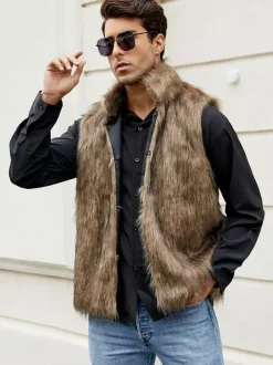 Black Men's Faux Fur Vest Winter Warm Sleeveless Jacket