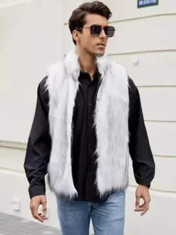 Black Men's Faux Fur Vest Winter Warm Sleeveless Jacket