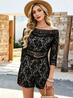 Black Off-The-Shoulder 3/4 Length Sleeves Lace Lace Straight Summer Playsuit