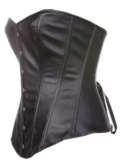 Black Over Bust Corsets Front Steel Busk Leather Waist Training Corsets With Thong